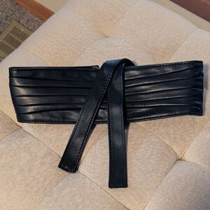 Black Wide Faux-Leather Obi Belt with Tie